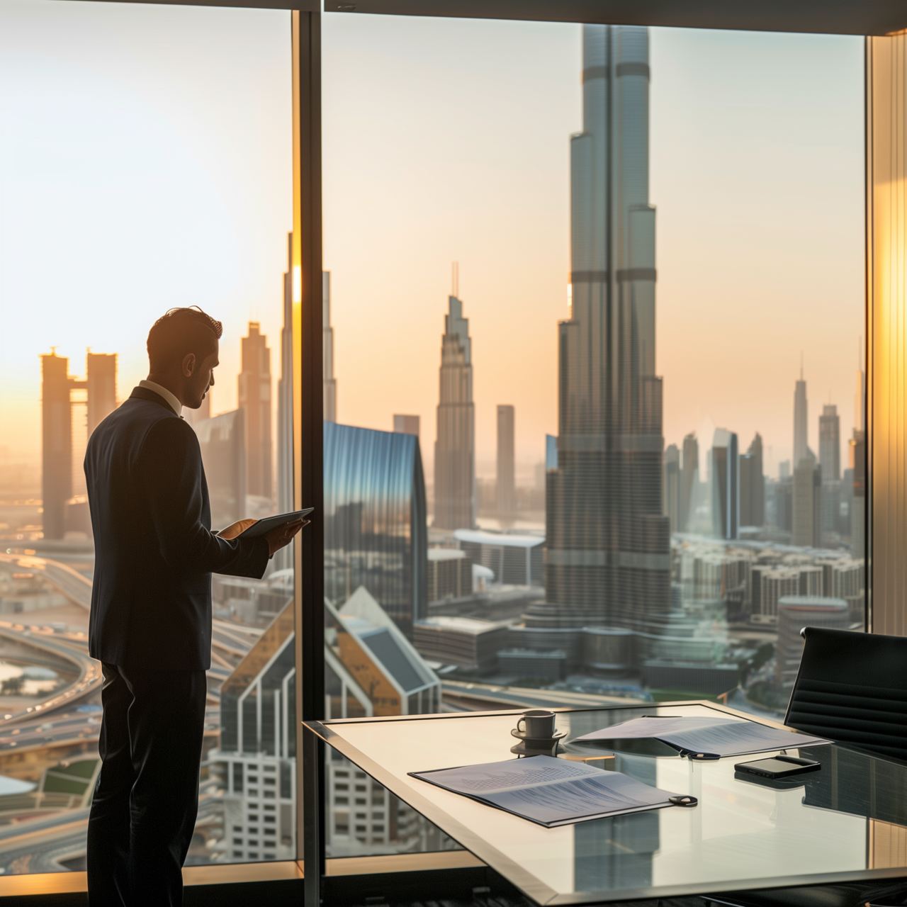 Founder at desk overlooking Dubai skyline